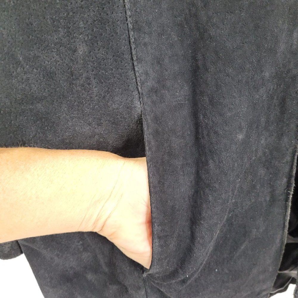 Vintage 80s Leather Jacket XL Black Suede Leather Long Tie‎ Unisex Boho Cosplay - Picture 6 of 11